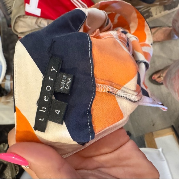 Theory Silk Blend Knee Length Skirt Orange Navy & Cream Abstract Pattern Size 4 - Picture 4 of 6